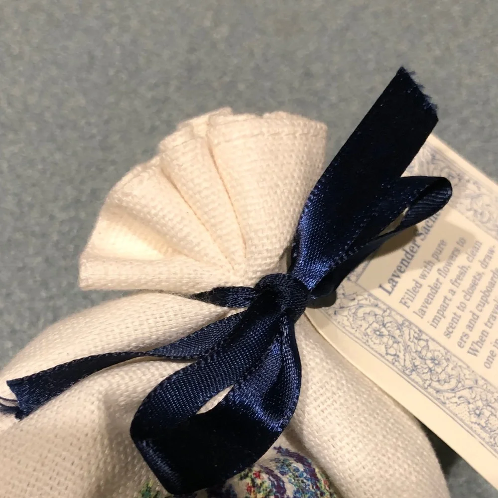 Lavender Embroidered Sachet with Blue Ribbon